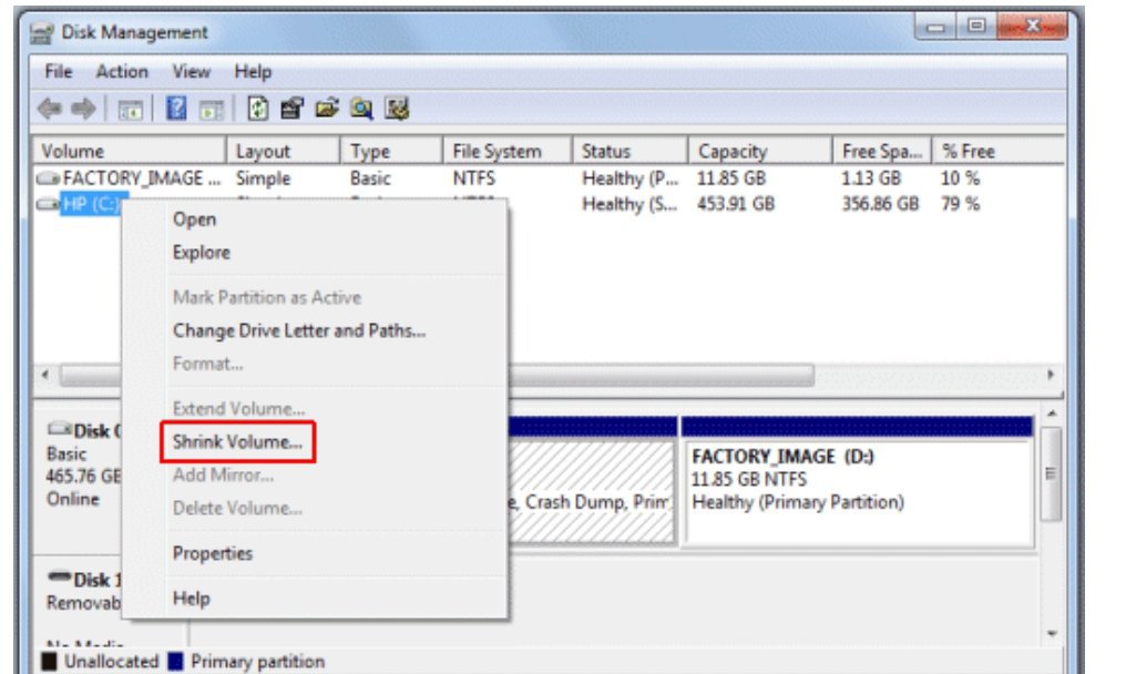 Shrink Volume in windows 7 or 10